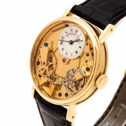  Breguet Silver 18K Yellow Gold Leather Tradition 7027 Men's Wristwatch 38 mm
