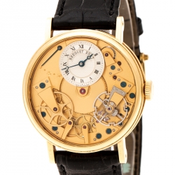  Breguet Silver 18K Yellow Gold Leather Tradition 7027 Men's Wristwatch 38 mm