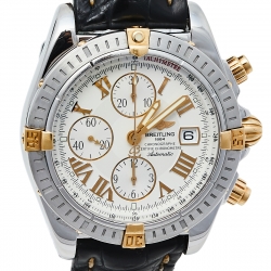 Breitling White 18K Yellow Gold Stainless Steel Leather Chronomat Evolution B13356 Men's Wristwatch 44 mm