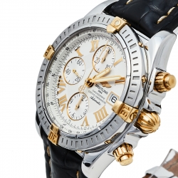 Breitling White 18K Yellow Gold Stainless Steel Leather Chronomat Evolution B13356 Men's Wristwatch 44 mm
