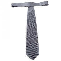 Pre Owned Brioni Grey Striped Silk Textured Pleat Detail Tie