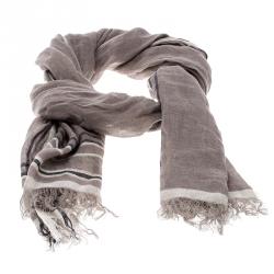 Brunello Cucinelli Brown Contrast Striped and Checked Linen Scarf