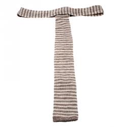 Pre Owned Brunello Cucinelli Brown Striped Linen Knit Flat Bottom Skinny Tie