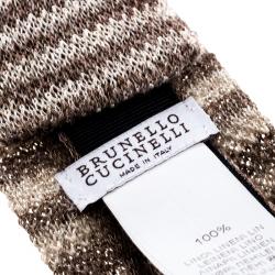 Pre Owned Brunello Cucinelli Brown Striped Linen Knit Flat Bottom Skinny Tie