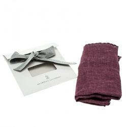 Brunello Cucinelli Burgundy Cross Stitch Detail Linen Pocket Square