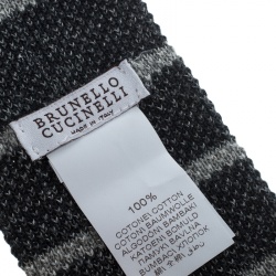 Pre Owned Brunello Cucinelli Grey Striped Cotton Knit Flat Bottom Skinny Tie
