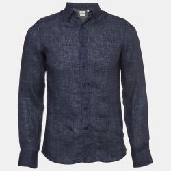 Navy Blue Solid Linen Washed Leisure Shirt