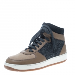 Brunello Cucinelli Beige/Grey Leather and Felt Fabric Lace Up Sneakers Size 44