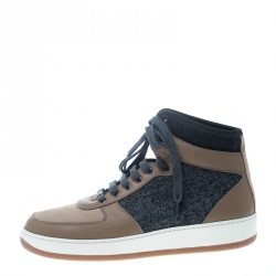 Brunello Cucinelli Beige/Grey Leather and Felt Fabric Lace Up Sneakers Size 44
