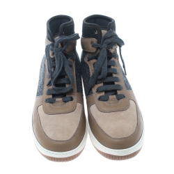 Brunello Cucinelli Beige/Grey Leather and Felt Fabric Lace Up Sneakers Size 44