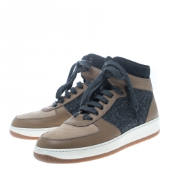 Brunello Cucinelli Beige/Grey Leather and Felt Fabric Lace Up Sneakers Size 44