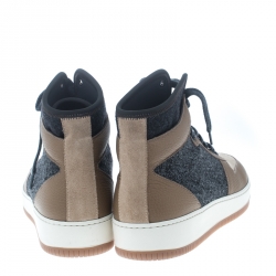 Brunello Cucinelli Beige/Grey Leather and Felt Fabric Lace Up Sneakers Size 44