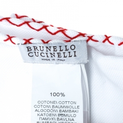 Pre Owned Brunello Cucinelli White Cotton Contrast Cross Stitched Edge Pocket Square
