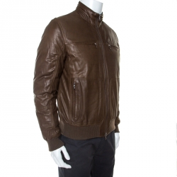 Pre Owned Brunello Cucinelli Brown Leather Bomber Jacket L