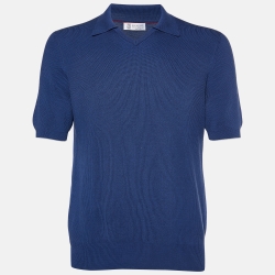 Blue Cotton Knit Polo Sweater