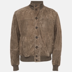 Brunello Cucinelli Brown Ribbed Trim Suede Buttoned Jacket M