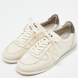 Pre Owned Brunello Cucinelli Beige Knit Fabric and Leather Low Top Sneakers Size 42