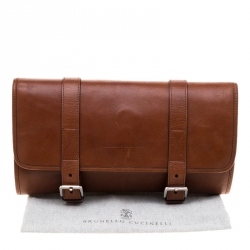 Pre Owned Brunello Cucinelli Brown Leather Hanging Wash Bag