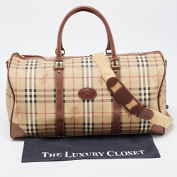 Pre Owned Burberry Brown/Beige Haymarket Coated Canvas and Leather Duffle Bag