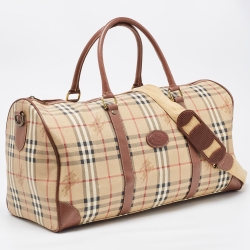 Pre Owned Burberry Brown/Beige Haymarket Coated Canvas and Leather Duffle Bag