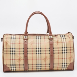 Pre Owned Burberry Brown/Beige Haymarket Coated Canvas and Leather Duffle Bag