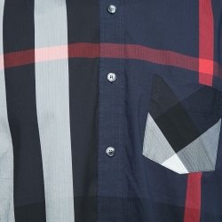 Burberry London Navy Blue Plaid Cotton Button Down Full Sleeve Shirt XL