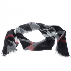 Pre Owned Burberry Navy Blue Wool and Silk Checked Fringed Edge Gauze Scarf