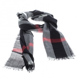 Pre Owned Burberry Navy Blue Wool and Silk Checked Fringed Edge Gauze Scarf