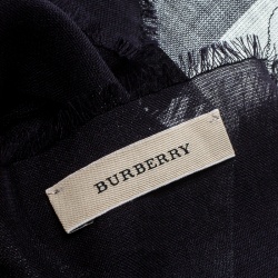 Pre Owned Burberry Navy Blue Wool and Silk Checked Fringed Edge Gauze Scarf