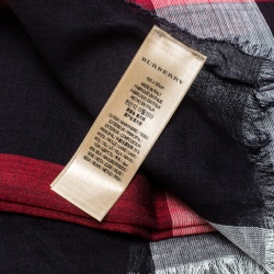 Pre Owned Burberry Navy Blue Wool and Silk Checked Fringed Edge Gauze Scarf