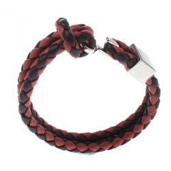 Pre Owned Burberry Two Tone Braided Leather Silver Tone Bracelet