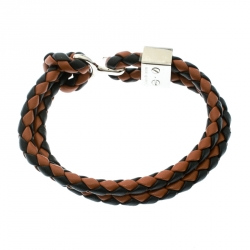 Pre Owned Burberry Two Tone Braided Leather Silver Tone Bracelet