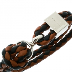 Pre Owned Burberry Two Tone Braided Leather Silver Tone Bracelet