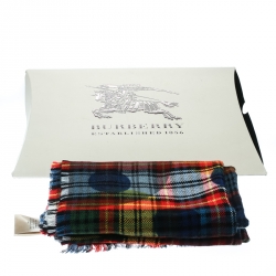 Burberry Multicolor Wool Tartan Plaid Polka Dotted Fringed Edge Muffler