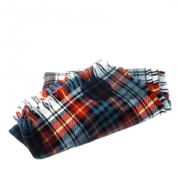 Burberry Multicolor Wool Tartan Plaid Polka Dotted Fringed Edge Muffler