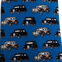 Pre Owned Burberry Hydrangea Blue Vintage Cars Print Silk Narrow Tie