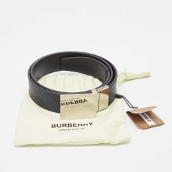 مملوكة م سبقًا Burberry Blue/Black London Check Coated Canvas and Leather Ble Plague Reversible Belt 85 CM