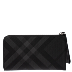 Burberry Charcoal Check Coated Canvas Zip Around Nolan Wristlet Wallet