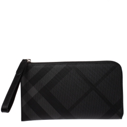 Burberry Charcoal Check Coated Canvas Zip Around Nolan Wristlet Wallet