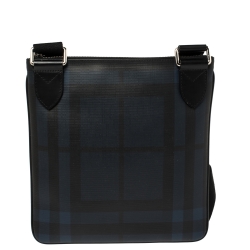 Pre Owned Burberry Navy Blue/Black London Check Coated Canvas Beckley Slim Messenger Bag