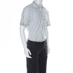 مملوكة مسبقًا  قميص بربري بأكمام قصيرة مزين بياقة منقطة قطن مخطط أبيض و أسود XL