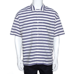 Pre Owned Burberry Blue & White Striped Cotton Harley Short Sleeve Shirt XXL