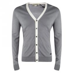 Burberry Grey Melange Knit Contrast Trim Button Front Cardigan L