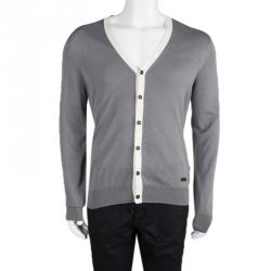 Burberry Grey Melange Knit Contrast Trim Button Front Cardigan L