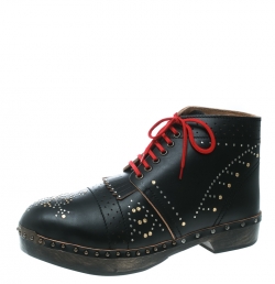 Burberry Black Studded Leather Antrim Fringe Detail Clog Boots Size 44