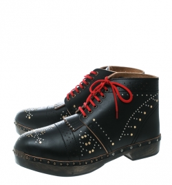 Burberry Black Studded Leather Antrim Fringe Detail Clog Boots Size 44