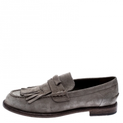 Pre Owned Burberry Grey Suede Bedmoore Fringe Detail Penny Loafers Size 43