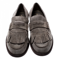 Pre Owned Burberry Grey Suede Bedmoore Fringe Detail Penny Loafers Size 43