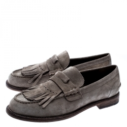 Pre Owned Burberry Grey Suede Bedmoore Fringe Detail Penny Loafers Size 43