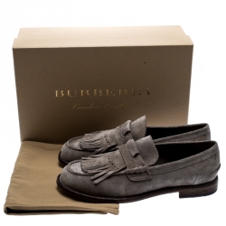 Pre Owned Burberry Grey Suede Bedmoore Fringe Detail Penny Loafers Size 43